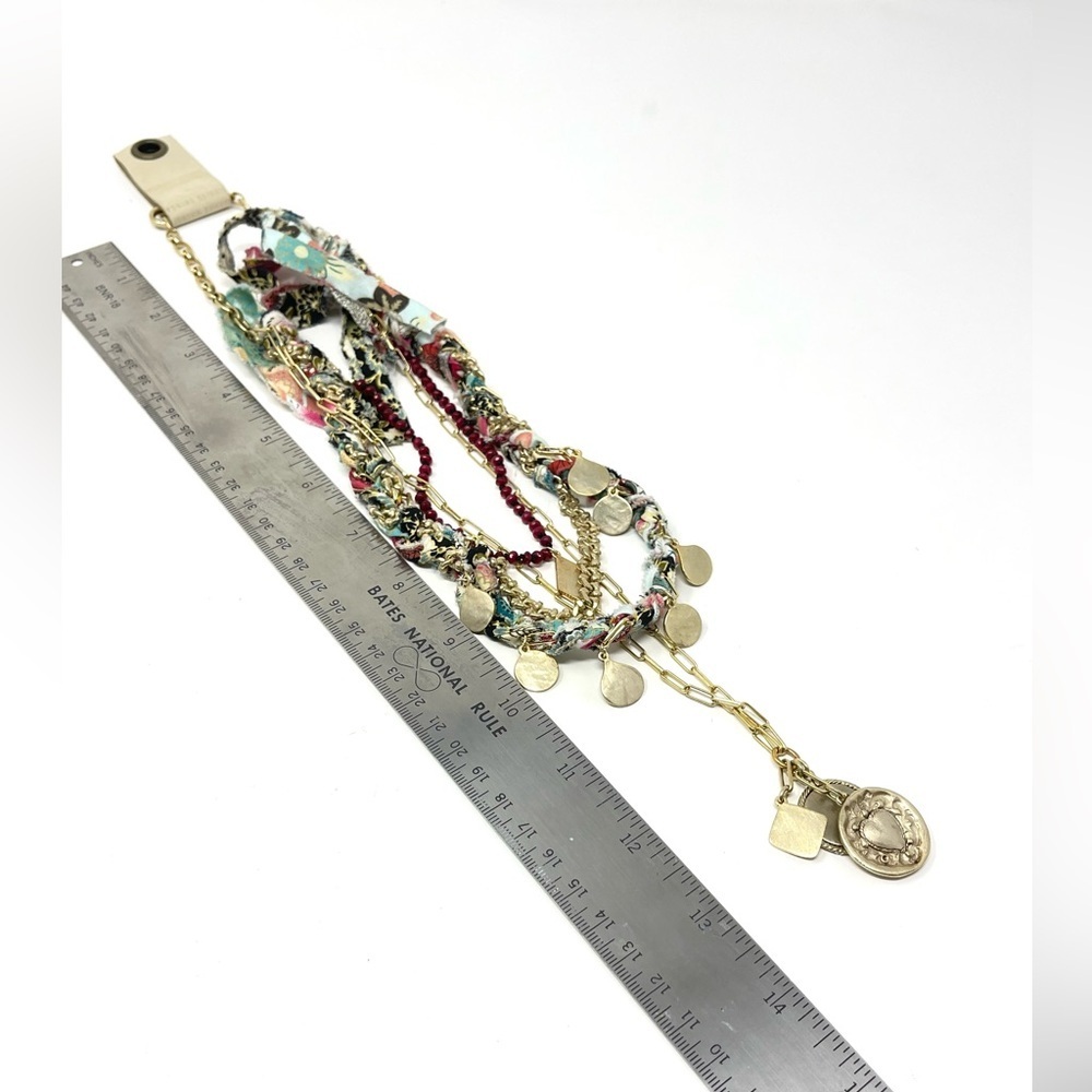 New Anthropologie Aspen Stone Layered Necklace Gold Charm Textile - Picture 9 of 9